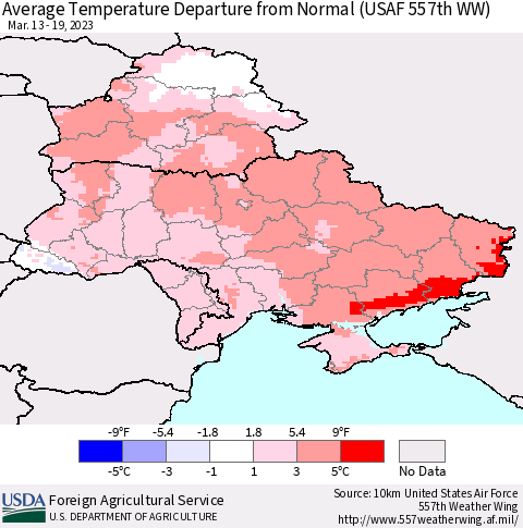 Ukraine, Moldova and Belarus Average Temperature Departure from Normal (USAF 557th WW) Thematic Map For 3/13/2023 - 3/19/2023