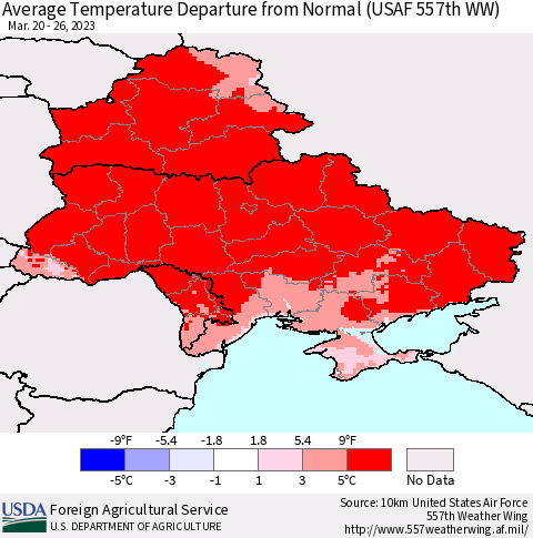 Ukraine, Moldova and Belarus Average Temperature Departure from Normal (USAF 557th WW) Thematic Map For 3/20/2023 - 3/26/2023