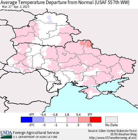 Ukraine, Moldova and Belarus Average Temperature Departure from Normal (USAF 557th WW) Thematic Map For 3/27/2023 - 4/2/2023