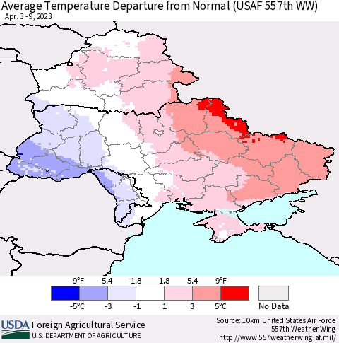 Ukraine, Moldova and Belarus Average Temperature Departure from Normal (USAF 557th WW) Thematic Map For 4/3/2023 - 4/9/2023