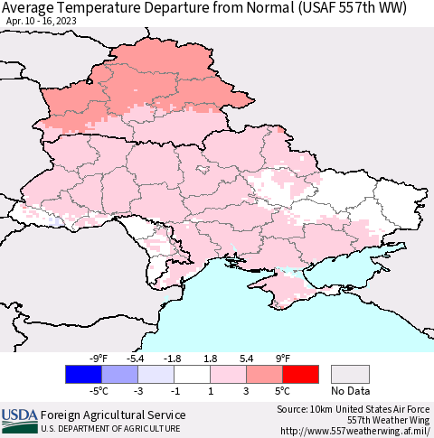 Ukraine, Moldova and Belarus Average Temperature Departure from Normal (USAF 557th WW) Thematic Map For 4/10/2023 - 4/16/2023