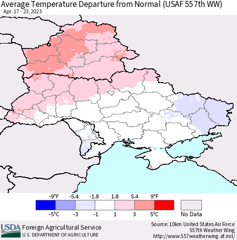 Ukraine, Moldova and Belarus Average Temperature Departure from Normal (USAF 557th WW) Thematic Map For 4/17/2023 - 4/23/2023