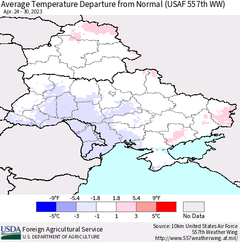 Ukraine, Moldova and Belarus Average Temperature Departure from Normal (USAF 557th WW) Thematic Map For 4/24/2023 - 4/30/2023