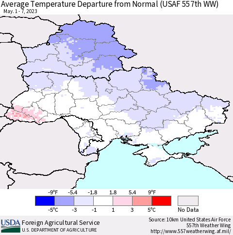 Ukraine, Moldova and Belarus Average Temperature Departure from Normal (USAF 557th WW) Thematic Map For 5/1/2023 - 5/7/2023