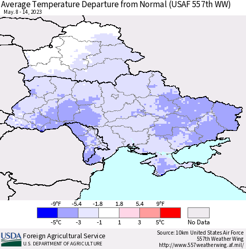 Ukraine, Moldova and Belarus Average Temperature Departure from Normal (USAF 557th WW) Thematic Map For 5/8/2023 - 5/14/2023
