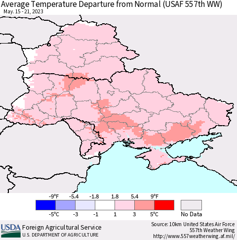 Ukraine, Moldova and Belarus Average Temperature Departure from Normal (USAF 557th WW) Thematic Map For 5/15/2023 - 5/21/2023