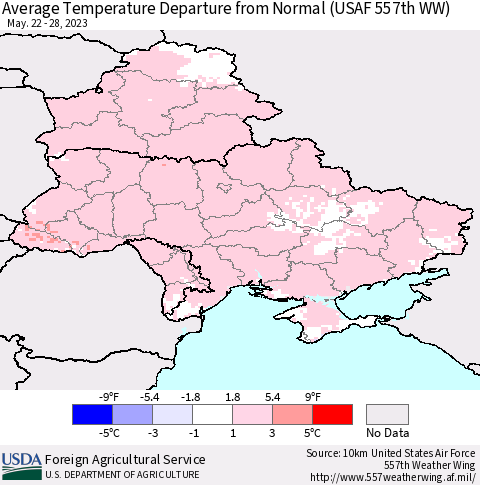 Ukraine, Moldova and Belarus Average Temperature Departure from Normal (USAF 557th WW) Thematic Map For 5/22/2023 - 5/28/2023