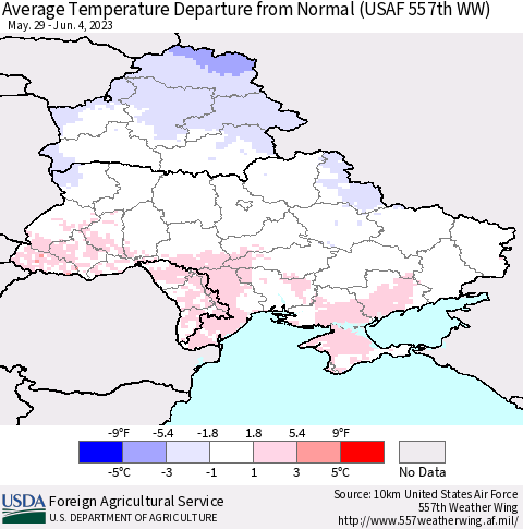 Ukraine, Moldova and Belarus Average Temperature Departure from Normal (USAF 557th WW) Thematic Map For 5/29/2023 - 6/4/2023