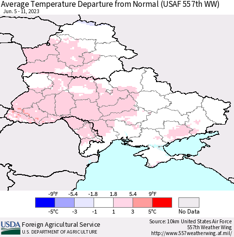 Ukraine, Moldova and Belarus Average Temperature Departure from Normal (USAF 557th WW) Thematic Map For 6/5/2023 - 6/11/2023