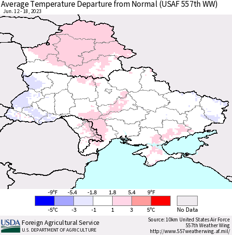 Ukraine, Moldova and Belarus Average Temperature Departure from Normal (USAF 557th WW) Thematic Map For 6/12/2023 - 6/18/2023