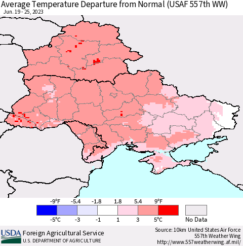 Ukraine, Moldova and Belarus Average Temperature Departure from Normal (USAF 557th WW) Thematic Map For 6/19/2023 - 6/25/2023