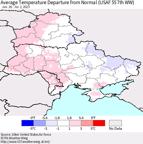 Ukraine, Moldova and Belarus Average Temperature Departure from Normal (USAF 557th WW) Thematic Map For 6/26/2023 - 7/2/2023