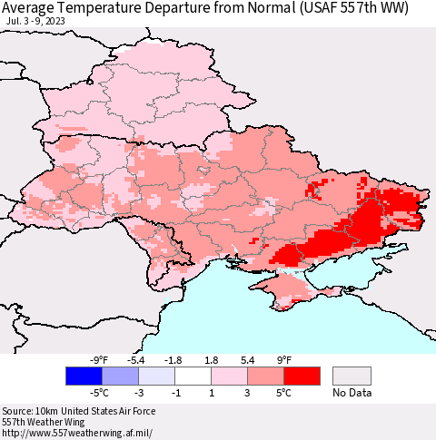 Ukraine, Moldova and Belarus Average Temperature Departure from Normal (USAF 557th WW) Thematic Map For 7/3/2023 - 7/9/2023