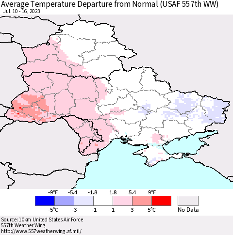 Ukraine, Moldova and Belarus Average Temperature Departure from Normal (USAF 557th WW) Thematic Map For 7/10/2023 - 7/16/2023