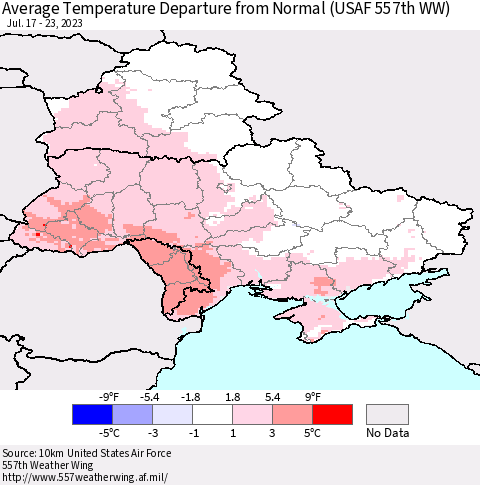 Ukraine, Moldova and Belarus Average Temperature Departure from Normal (USAF 557th WW) Thematic Map For 7/17/2023 - 7/23/2023