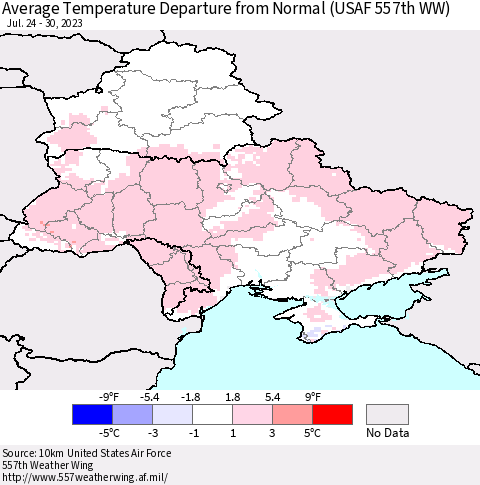 Ukraine, Moldova and Belarus Average Temperature Departure from Normal (USAF 557th WW) Thematic Map For 7/24/2023 - 7/30/2023