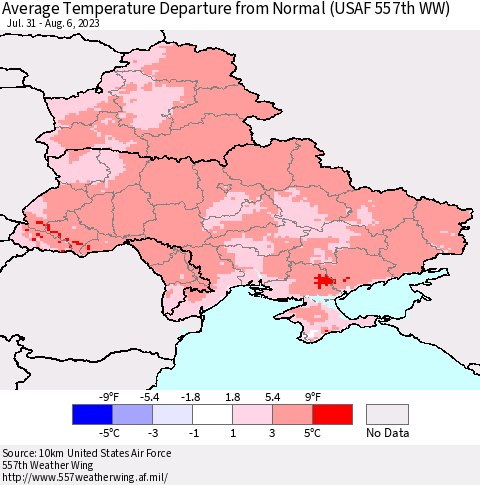 Ukraine, Moldova and Belarus Average Temperature Departure from Normal (USAF 557th WW) Thematic Map For 7/31/2023 - 8/6/2023