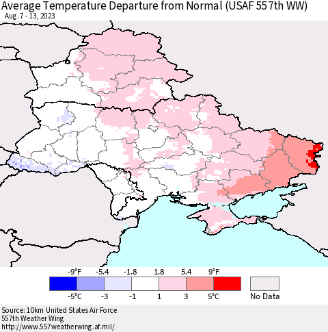 Ukraine, Moldova and Belarus Average Temperature Departure from Normal (USAF 557th WW) Thematic Map For 8/7/2023 - 8/13/2023