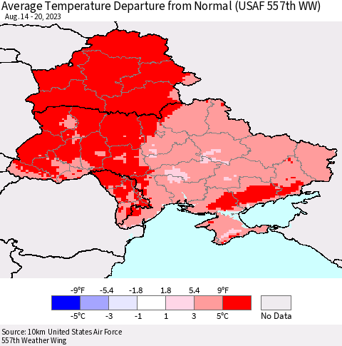 Ukraine, Moldova and Belarus Average Temperature Departure from Normal (USAF 557th WW) Thematic Map For 8/14/2023 - 8/20/2023