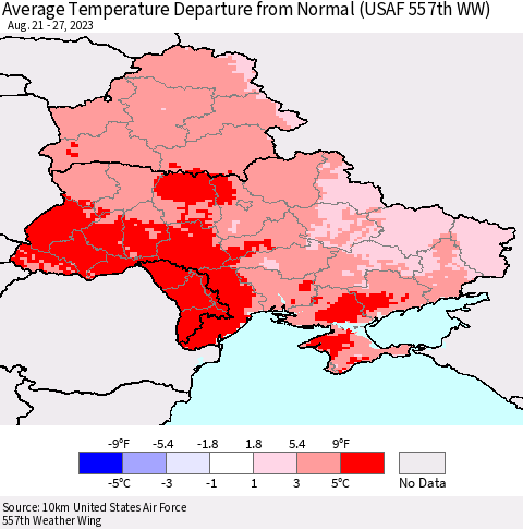 Ukraine, Moldova and Belarus Average Temperature Departure from Normal (USAF 557th WW) Thematic Map For 8/21/2023 - 8/27/2023