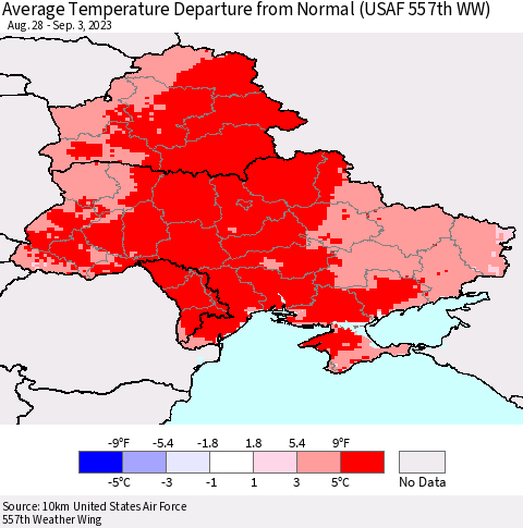 Ukraine, Moldova and Belarus Average Temperature Departure from Normal (USAF 557th WW) Thematic Map For 8/28/2023 - 9/3/2023