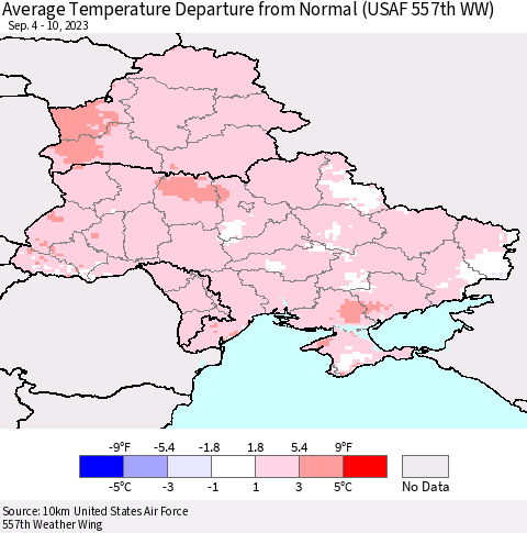 Ukraine, Moldova and Belarus Average Temperature Departure from Normal (USAF 557th WW) Thematic Map For 9/4/2023 - 9/10/2023