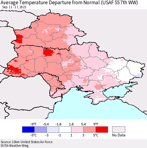 Ukraine, Moldova and Belarus Average Temperature Departure from Normal (USAF 557th WW) Thematic Map For 9/11/2023 - 9/17/2023
