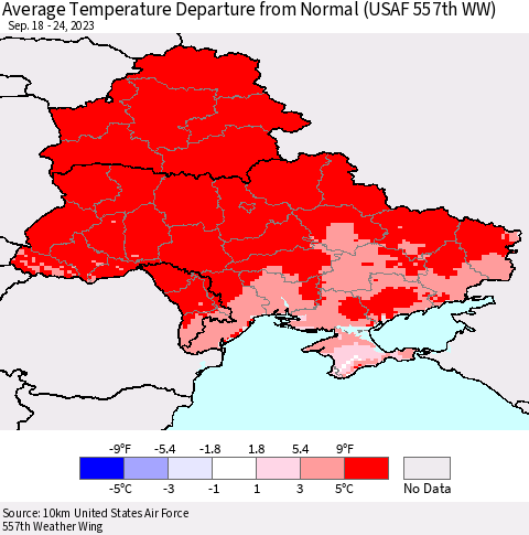 Ukraine, Moldova and Belarus Average Temperature Departure from Normal (USAF 557th WW) Thematic Map For 9/18/2023 - 9/24/2023