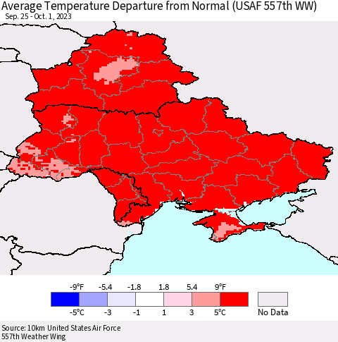 Ukraine, Moldova and Belarus Average Temperature Departure from Normal (USAF 557th WW) Thematic Map For 9/25/2023 - 10/1/2023