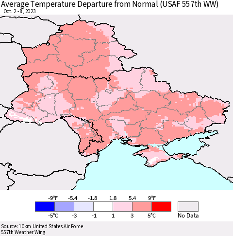Ukraine, Moldova and Belarus Average Temperature Departure from Normal (USAF 557th WW) Thematic Map For 10/2/2023 - 10/8/2023