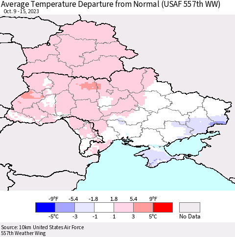 Ukraine, Moldova and Belarus Average Temperature Departure from Normal (USAF 557th WW) Thematic Map For 10/9/2023 - 10/15/2023