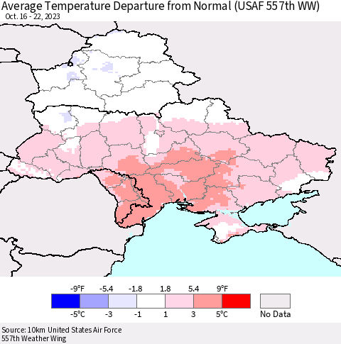 Ukraine, Moldova and Belarus Average Temperature Departure from Normal (USAF 557th WW) Thematic Map For 10/16/2023 - 10/22/2023