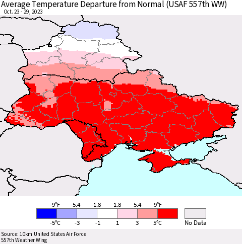 Ukraine, Moldova and Belarus Average Temperature Departure from Normal (USAF 557th WW) Thematic Map For 10/23/2023 - 10/29/2023
