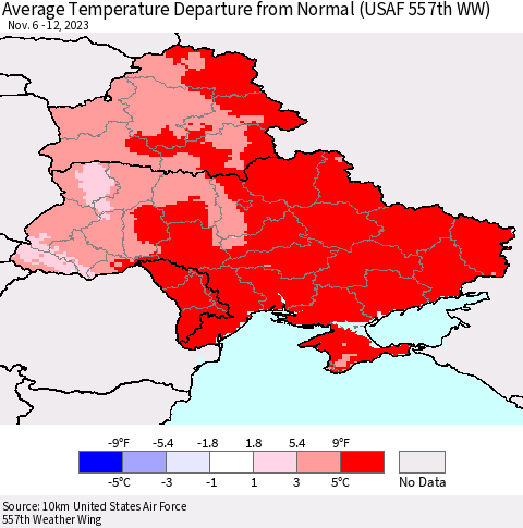 Ukraine, Moldova and Belarus Average Temperature Departure from Normal (USAF 557th WW) Thematic Map For 11/6/2023 - 11/12/2023