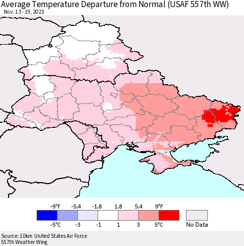 Ukraine, Moldova and Belarus Average Temperature Departure from Normal (USAF 557th WW) Thematic Map For 11/13/2023 - 11/19/2023