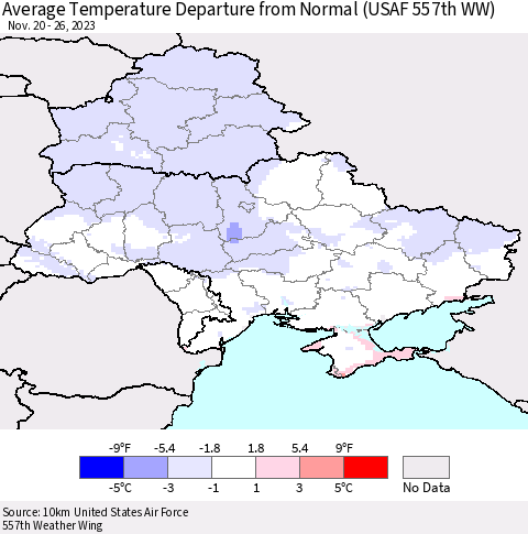 Ukraine, Moldova and Belarus Average Temperature Departure from Normal (USAF 557th WW) Thematic Map For 11/20/2023 - 11/26/2023