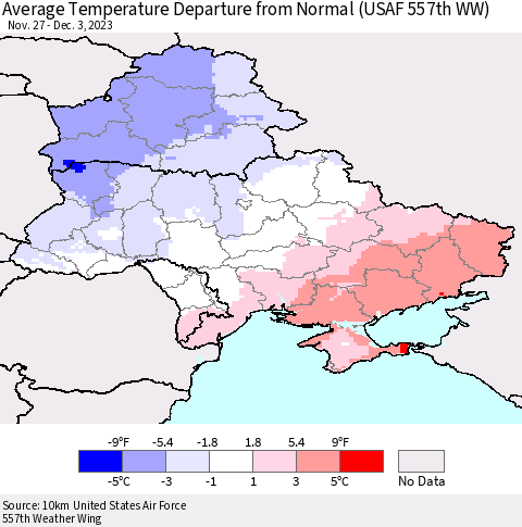 Ukraine, Moldova and Belarus Average Temperature Departure from Normal (USAF 557th WW) Thematic Map For 11/27/2023 - 12/3/2023
