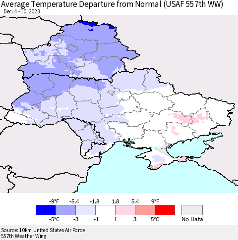 Ukraine, Moldova and Belarus Average Temperature Departure from Normal (USAF 557th WW) Thematic Map For 12/4/2023 - 12/10/2023