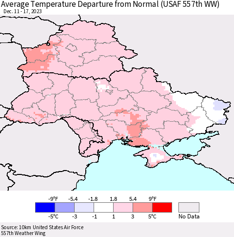 Ukraine, Moldova and Belarus Average Temperature Departure from Normal (USAF 557th WW) Thematic Map For 12/11/2023 - 12/17/2023