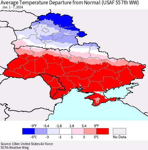 Ukraine, Moldova and Belarus Average Temperature Departure from Normal (USAF 557th WW) Thematic Map For 1/1/2024 - 1/7/2024