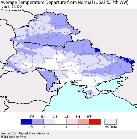 Ukraine, Moldova and Belarus Average Temperature Departure from Normal (USAF 557th WW) Thematic Map For 1/8/2024 - 1/14/2024