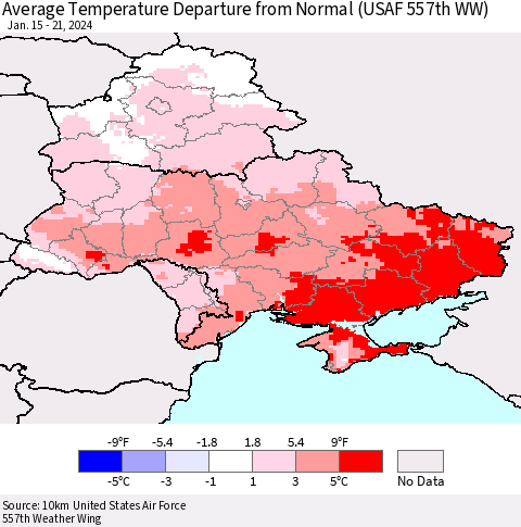 Ukraine, Moldova and Belarus Average Temperature Departure from Normal (USAF 557th WW) Thematic Map For 1/15/2024 - 1/21/2024
