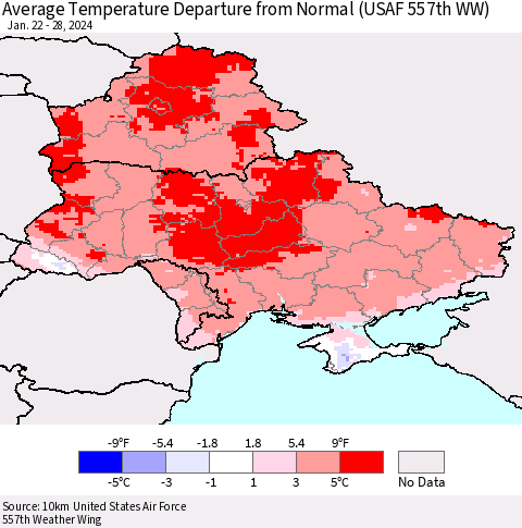 Ukraine, Moldova and Belarus Average Temperature Departure from Normal (USAF 557th WW) Thematic Map For 1/22/2024 - 1/28/2024