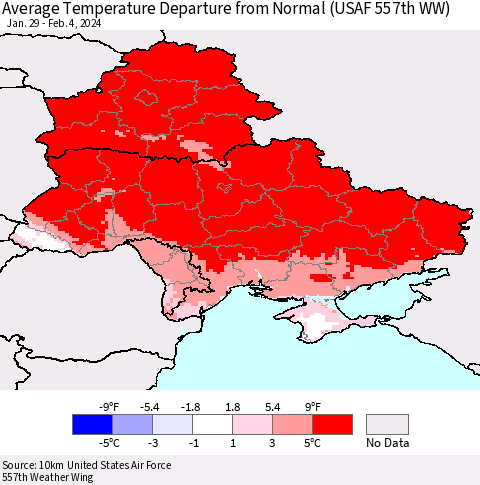 Ukraine, Moldova and Belarus Average Temperature Departure from Normal (USAF 557th WW) Thematic Map For 1/29/2024 - 2/4/2024
