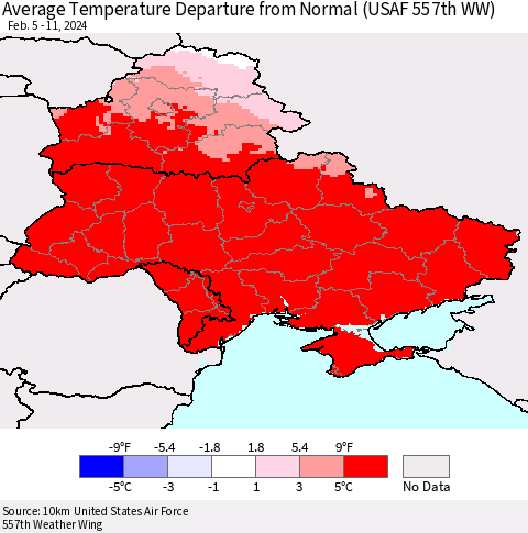 Ukraine, Moldova and Belarus Average Temperature Departure from Normal (USAF 557th WW) Thematic Map For 2/5/2024 - 2/11/2024