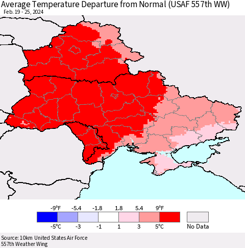 Ukraine, Moldova and Belarus Average Temperature Departure from Normal (USAF 557th WW) Thematic Map For 2/19/2024 - 2/25/2024