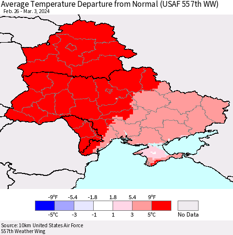 Ukraine, Moldova and Belarus Average Temperature Departure from Normal (USAF 557th WW) Thematic Map For 2/26/2024 - 3/3/2024