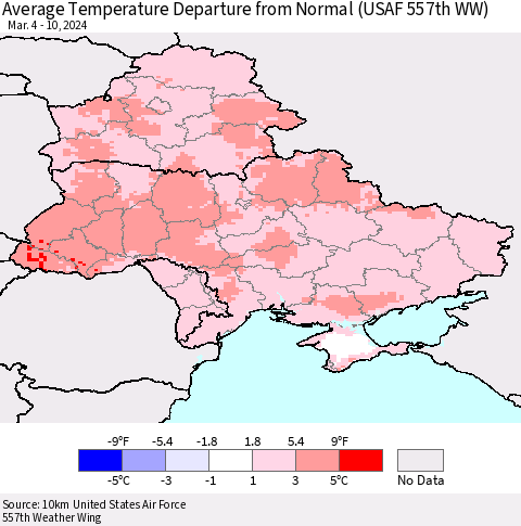 Ukraine, Moldova and Belarus Average Temperature Departure from Normal (USAF 557th WW) Thematic Map For 3/4/2024 - 3/10/2024