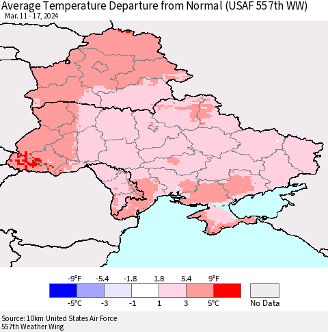 Ukraine, Moldova and Belarus Average Temperature Departure from Normal (USAF 557th WW) Thematic Map For 3/11/2024 - 3/17/2024
