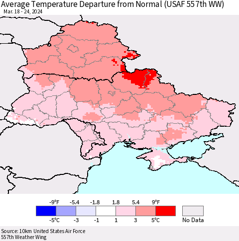 Ukraine, Moldova and Belarus Average Temperature Departure from Normal (USAF 557th WW) Thematic Map For 3/18/2024 - 3/24/2024